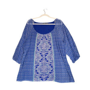 Apt 9 Tunic Mesh Blouse Womens 2X Blue Floral Lined Artsy Stretchy Career Boho